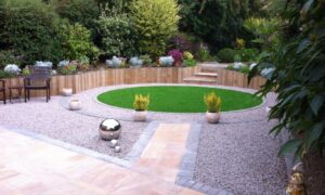 circular patch of artificial grass, wide view
