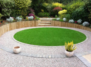 modern garden with circular artificial grass